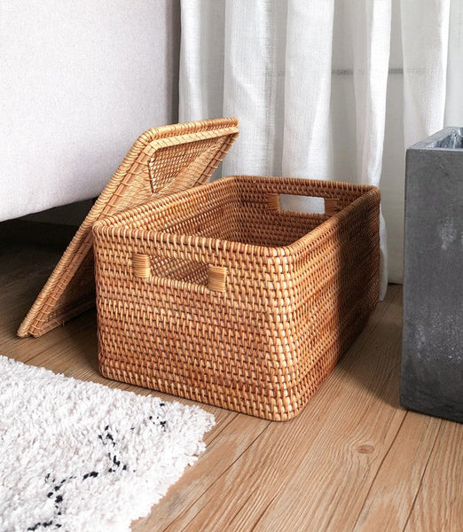 Square Storage Basket with Lid, Extra Large Storage Baskets for Clothes, Rattan Storage Basket for Shelves, Oversized Storage Baskets for Kitchen-artworkcanvas