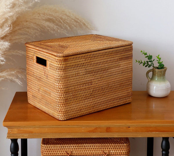 Rectangular Storage Basket with Lid, Kitchen Storage Baskets, Rattan Storage Baskets for Clothes, Storage Baskets for Living Room-artworkcanvas
