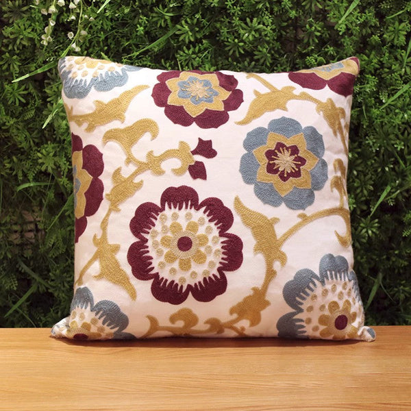 Embroider Flower Cotton Pillow Covers, Cotton Flower Decorative Pillows, Decorative Sofa Pillows, Farmhouse Decorative Throw Pillows for Couch-artworkcanvas