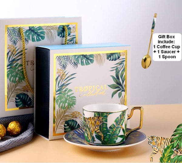 Coffee Cups with Gold Trim and Gift Box, Jungle Leopard Pattern Porcelain Coffee Cups, Tea Cups and Saucers-artworkcanvas