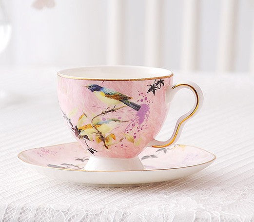 Elegant Pink Ceramic Coffee Cups, Unique Bird Flower Tea Cups and Saucers in Gift Box as Birthday Gift, Beautiful British Tea Cups, Royal Bone China Porcelain Tea Cup Set-artworkcanvas