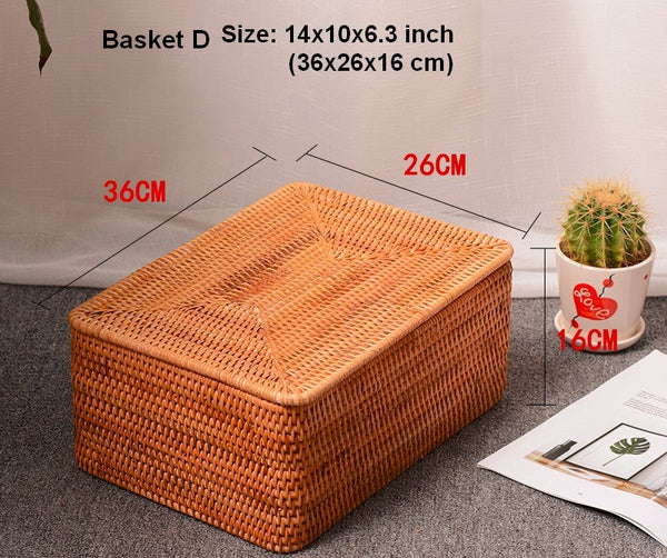 Woven Rattan Baskets, Rectangular Basket with Lid, Rectangular Storage Baskets, Storage Basket for Bedroom, Kitchen Storage Baskets-artworkcanvas