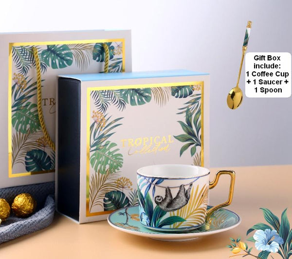 Coffee Cups with Gold Trim and Gift Box, Jungle Leopard Pattern Porcelain Coffee Cups, Tea Cups and Saucers-artworkcanvas