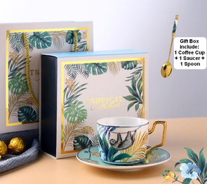 Elegant Porcelain Coffee Cups, Coffee Cups with Gold Trim and Gift Box, Tea Cups and Saucers, Jungle Animal Porcelain Coffee Cups-artworkcanvas