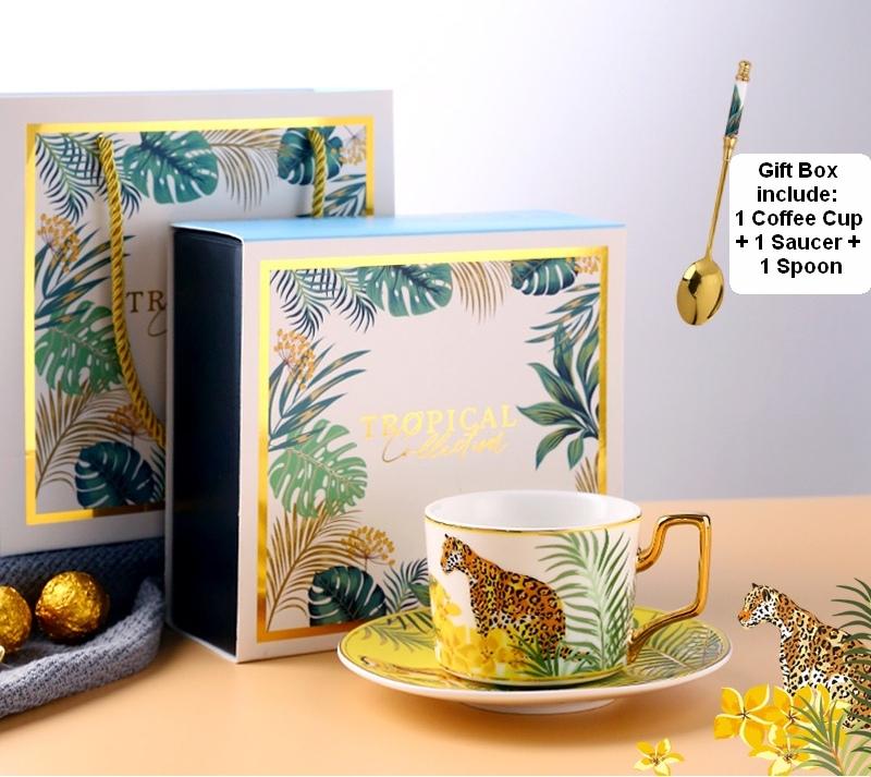 Coffee Cups with Gold Trim and Gift Box, Jungle Leopard Pattern Porcelain Coffee Cups, Tea Cups and Saucers-artworkcanvas