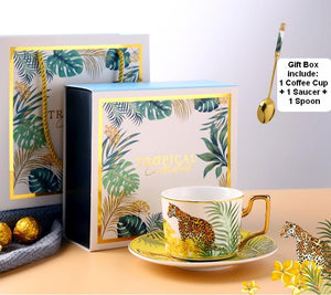 Coffee Cups with Gold Trim and Gift Box, Jungle Leopard Pattern Porcelain Coffee Cups, Tea Cups and Saucers-artworkcanvas