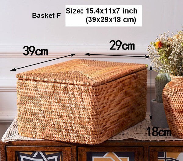 Storage Baskets with Lid, Rectangular Storage Baskets, Storage Baskets for Clothes, Pantry Storage Baskets, Rattan Woven Storage Basket for Bedroom-artworkcanvas