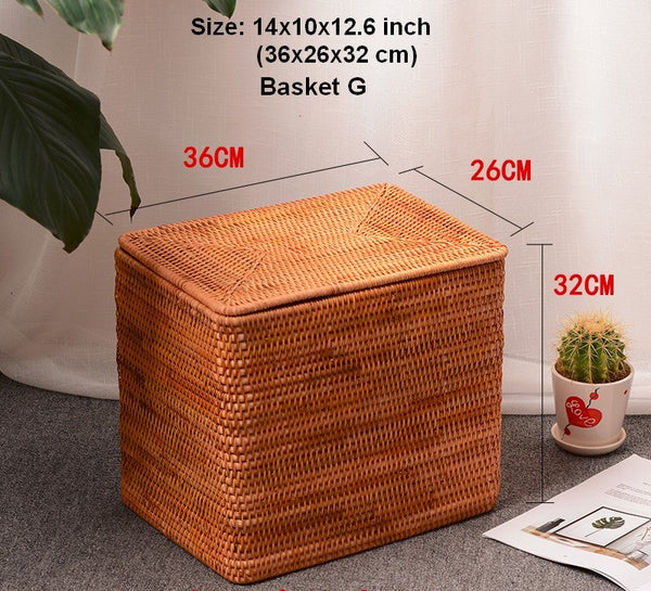 Woven Rattan Baskets, Rectangular Basket with Lid, Rectangular Storage Baskets, Storage Basket for Bedroom, Kitchen Storage Baskets-artworkcanvas