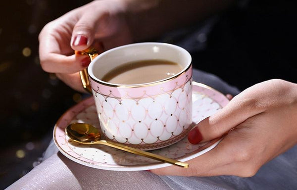 Latte Coffee Cups with Gold Trim and Gift Box, British Tea Cups, Elegant Porcelain Coffee Cups, Tea Cups and Saucers-artworkcanvas