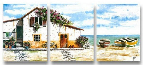 Cottage At Seashore, Landscape Painting, Landscape Art, 3 Panel Painting, Art Painting-artworkcanvas