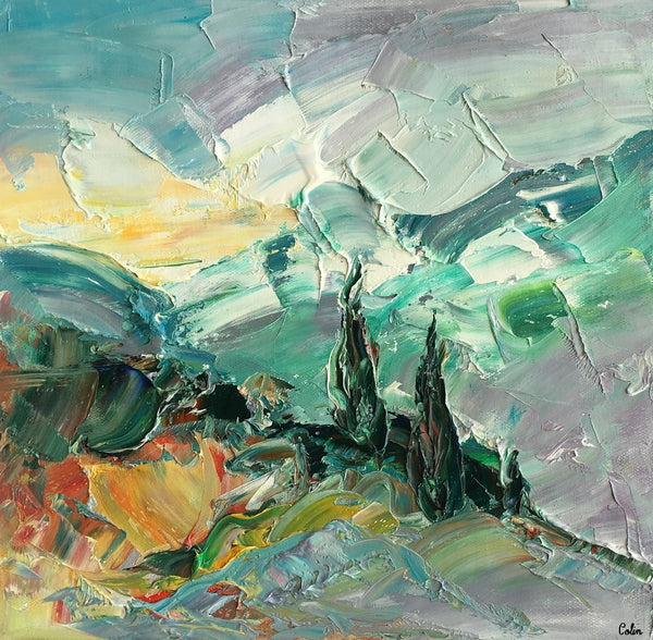 Abstract Painting, Mountain and Cypress Tree Painting, Small Oil Painting, Heavy Texture Oil Painting, 12X12 inch-artworkcanvas