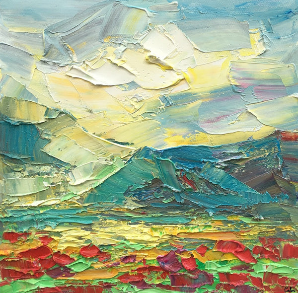 Heavy Texture Oil Painting, Mountain and Flower Painting, Abstract Painting, Small Painting, 12X12 inch-artworkcanvas