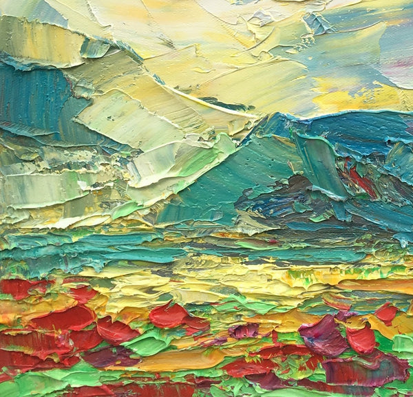 Heavy Texture Oil Painting, Mountain and Flower Painting, Abstract Painting, Small Painting, 12X12 inch-artworkcanvas