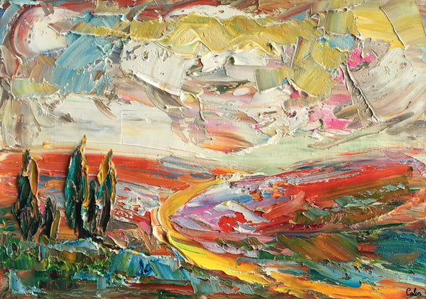 Heavy Texture Oil Painting, Autumn Cypress Tree Painting, Original Small Painting, 11X15 inch-artworkcanvas