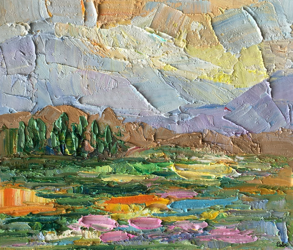 Cypres and Flower Field Painting, Landscape Painting, Small Oil Painting, Heavy Texture Oil Painting, 10X12 inch-artworkcanvas