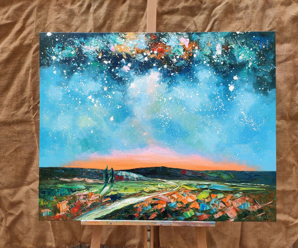 Landscape Painting on Canvas, Starry Night Sky Painting, Original Landscape Painting, Custom Canvas Painting for Dining Room-artworkcanvas