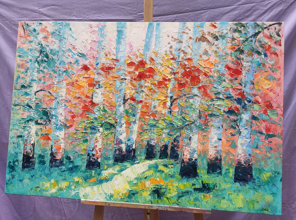 Custom Canvas Painting, Abstract Landscape Painting, Autumn Birch Tree, Canvas Painting-artworkcanvas