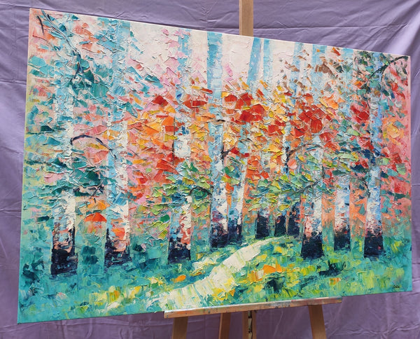 Custom Canvas Painting, Abstract Landscape Painting, Autumn Birch Tree, Canvas Painting-artworkcanvas