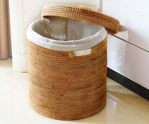 Large Laundry Storage Basket with Lid, Large Rattan Storage Basket for Bathroom, Woven Round Storage Basket for Clothes-artworkcanvas