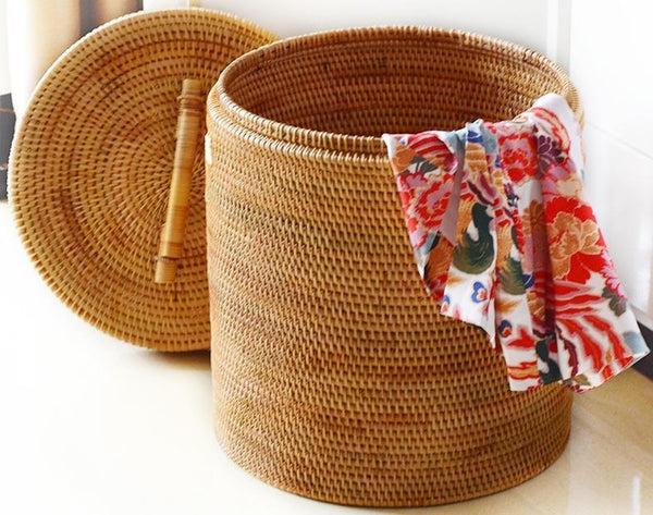 Large Laundry Storage Basket with Lid, Large Rattan Storage Basket for Bathroom, Woven Round Storage Basket for Clothes-artworkcanvas