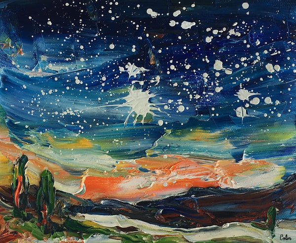 Landscape Painting, Starry Night Sky Painting, Small Oil Painting, Heavy Texture Oil Painting, 8X10 inch-artworkcanvas