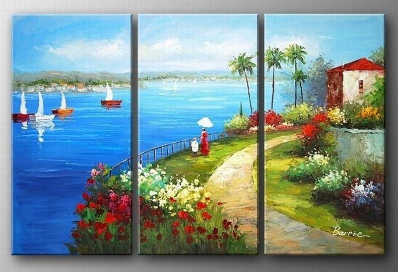 Landscape Art, Italian Mediterranean Sea, Sail Boat Art, Canvas Painting, Landscape Painting, Living Room Wall Art, Oil on Canvas, 3 Piece Oil Painting-artworkcanvas