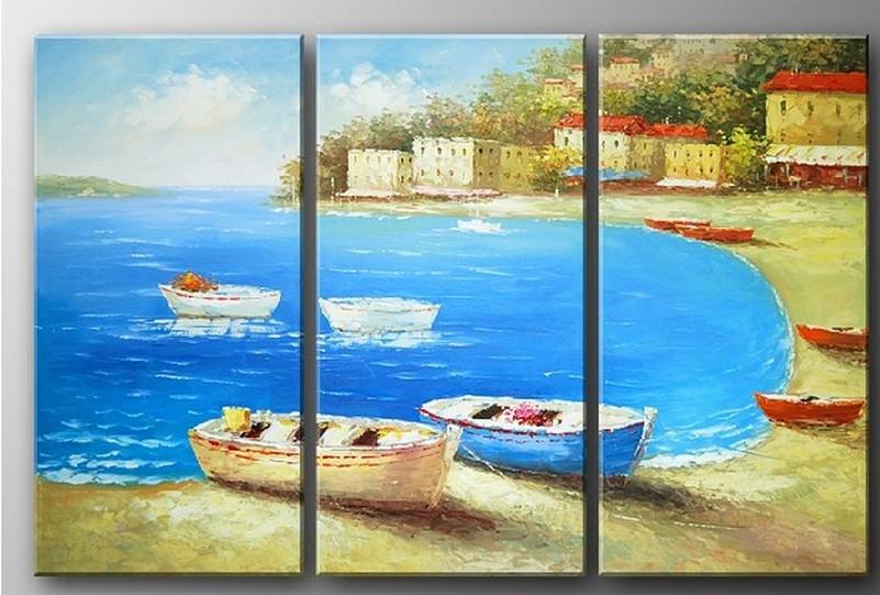 Italian Mediterranean Sea, Landscape Art, Boat Art, Canvas Painting, Living Room Wall Art, Oil on Canvas, 3 Piece Oil Painting, Large Wall Art-artworkcanvas