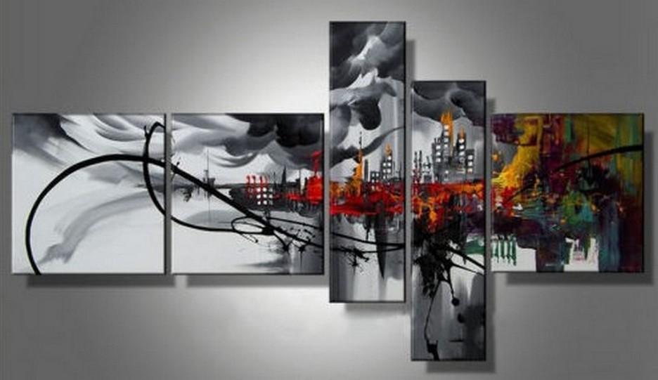 Cityscape Art, Black Wall Art, Huge Wall Art, Acrylic Art, 5 Piece Wall Painting, Hand Painted Art, Group Painting-artworkcanvas