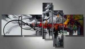 Cityscape Art, Black Wall Art, Huge Wall Art, Acrylic Art, 5 Piece Wall Painting, Hand Painted Art, Group Painting-artworkcanvas