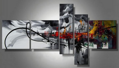 Cityscape Art, Black Wall Art, Huge Wall Art, Acrylic Art, 5 Piece Wall Painting, Hand Painted Art, Group Painting-artworkcanvas