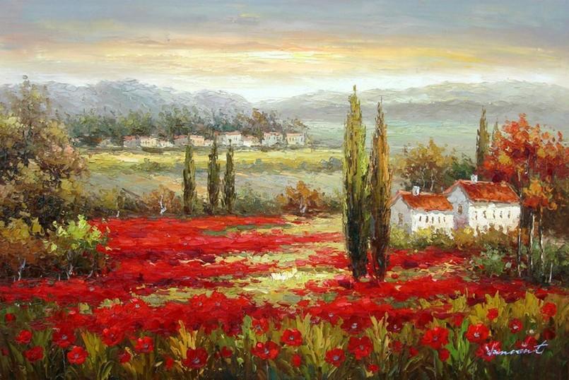 Flower Field, Wall Art, Large Painting, Canvas Oil Painting, Landscape Painting, Living Room Wall Art, Cypress Tree, Canvas Wall Art, Canvas Art, Red Poppy Field-artworkcanvas