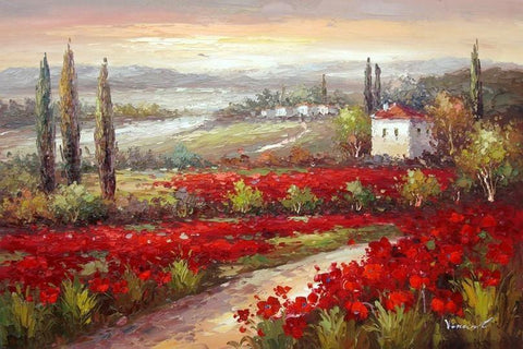 Flower Field, Canvas Oil Painting, Landscape Painting, Living Room Wall Art, Cypress Tree, Red Poppy Field-artworkcanvas