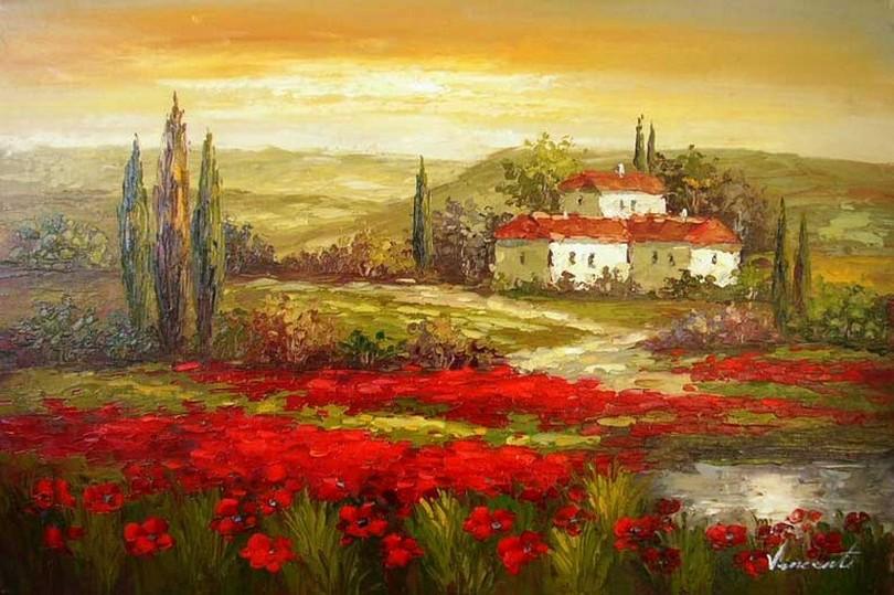 Autumn Art, Flower Field, Impasto Art, Heavy Texture Painting, Landscape Painting, Living Room Wall Art, Cypress Tree, Oil Painting, Red Poppy Field-artworkcanvas