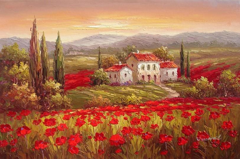 Flower Field, Canvas Painting, Landscape Painting, Wall Art, Large Painting, Living Room Wall Art, Cypress Tree, Oil Painting, Canvas Art, Poppy Field-artworkcanvas