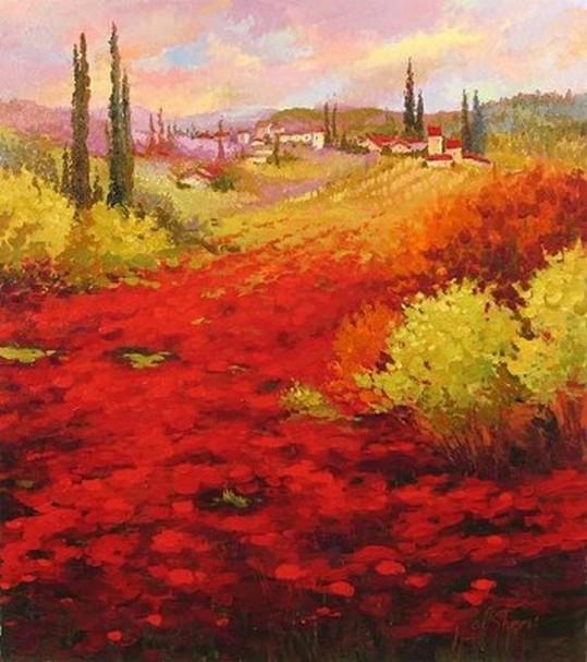 Flower Field, Wall Art, Large Painting, Canvas Painting, Landscape Painting, Living Room Wall Art, Cypress Tree, Oil Painting, Canvas Art, Red Poppy Field-artworkcanvas