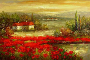 Flower Field Painting, Canvas Painting, Landscape Painting, Contemporary Wall Art, Large Painting, Living Room Wall Art, Cypress Tree, Oil Painting, Poppy Field-artworkcanvas