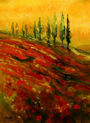 Red Poppy Field, Flower Field, Wall Art, Large Art, Canvas Art, Landscape Painting, Living Room Wall Art, Cypress Tree, Oil Painting, Large Wall Art-artworkcanvas