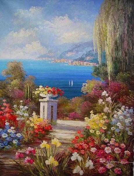 Landscape Painting, Summer Resort Painting, Wall Art, Mediterranean Sea Painting, Canvas Painting, Kitchen Wall Art, Oil Painting, Seascape, France Summer Resort-artworkcanvas