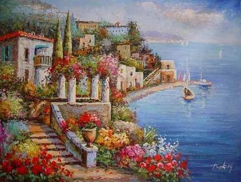 Mediterranean Sea Painting, Landscape Painting, Canvas Painting, Wall Art, Large Painting, Bedroom Wall Art, Oil Painting, Canvas Art, Seascape, Italy Summer Resort-artworkcanvas