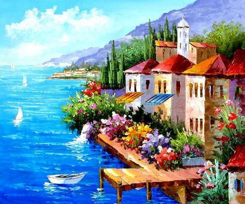 Landscape Painting, Mediterranean Sea Painting, Canvas Painting, Wall Art, Large Painting, Bedroom Wall Art, Oil Painting, Canvas Art, Boat Painting, Italy Summer Resort-artworkcanvas