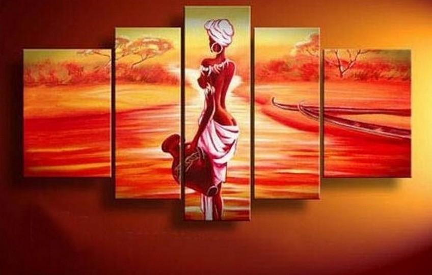 African Girl, Sunset Painting, Canvas Painting, African Woman Painting, 5 Piece Canvas Art, Abstract Wall Painting-artworkcanvas