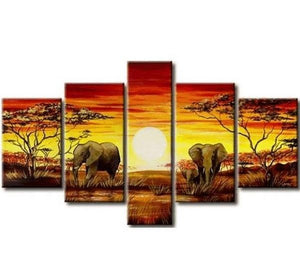 African Painting, Elephant Painting, Living Room Art, 5 Piece Wall Art, Living Room Wall Painting-artworkcanvas