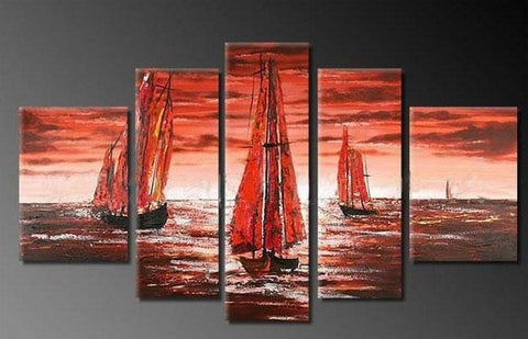 Sailing Boat art Sea, Sunset Art, Abstract Art, Wall Art, Large Art, Abstract Painting, 5 Piece Wall Art, Landscape Painting-artworkcanvas