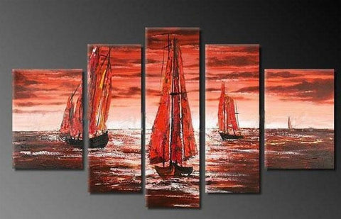 Sailing Boat art Sea, Sunset Art, Abstract Art, Wall Art, Large Art, Abstract Painting, 5 Piece Wall Art, Landscape Painting-artworkcanvas