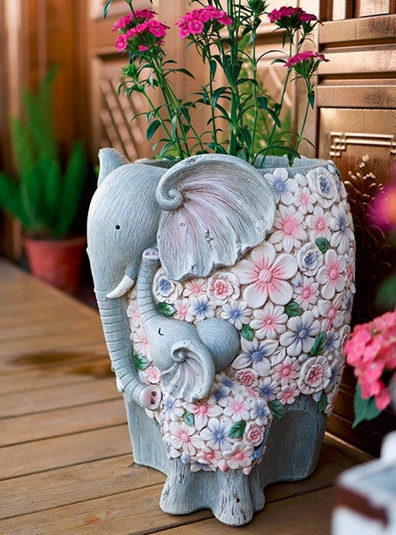 Modern Garden Flower Pot, Unique Animal Statue for Garden Ornaments, Beautiful Elephant Flowerpot, Resin Statue for Garden, Villa Outdoor Decor Gardening Ideas-artworkcanvas