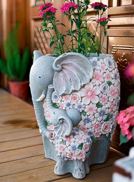 Resin Statue for Garden, Modern Garden Flower Pot, Unique Animal Statue for Garden Ornaments, Beautiful Elephant Flowerpot, Villa Outdoor Decor Gardening Ideas-artworkcanvas