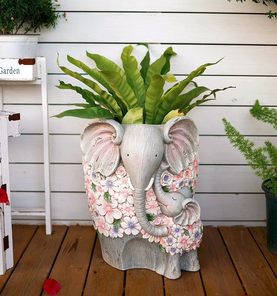 Resin Statue for Garden, Modern Garden Flower Pot, Unique Animal Statue for Garden Ornaments, Beautiful Elephant Flowerpot, Villa Outdoor Decor Gardening Ideas-artworkcanvas