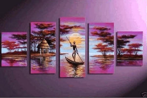 Large Canvas Art, 5 Piece Canvas Painting, Abstract Painting for Sale, African Woman Art, Boat at Lake River Art, Ready to Hang Painting-artworkcanvas