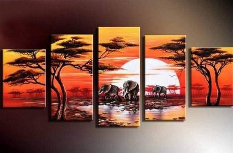 Large Canvas Art, Abstract Art, Canvas Painting, Abstract Painting, African Art, Elephant Sunset Art, Home Art, 5 Piece Wall Art, Landscape Art, Ready to Hang-artworkcanvas