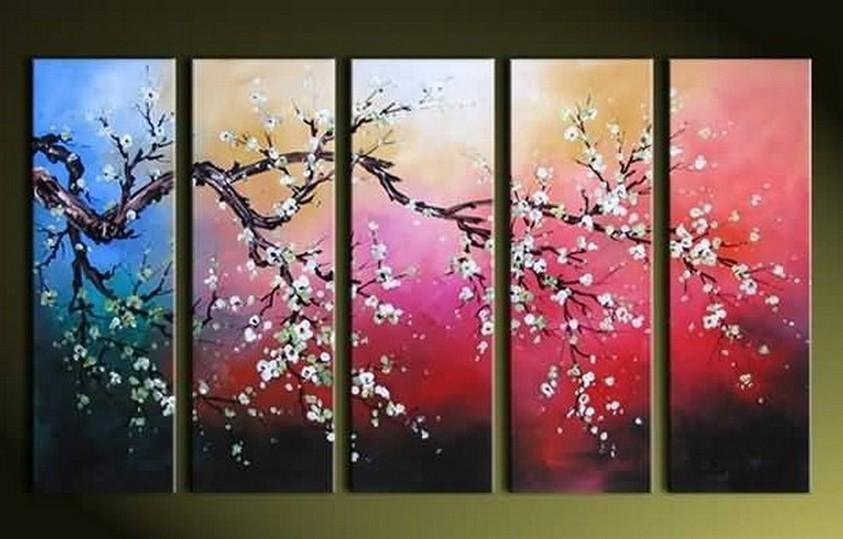 Plum Tree Painting, Flower Art, Abstract Painting, 5 Piece Wall Art, Huge Painting, Acrylic Art, Ready to Hang-artworkcanvas